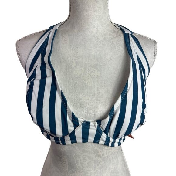 Shapermint Women's Plus 2XL Full Coverage Halter Bikini Swim Top Blue Striped - Picture 2 of 12